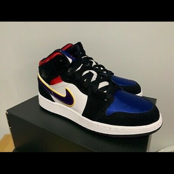 Jordan Shoes - Air Jordan 1 mid top 3 lakers satin toe Jordan Shoes - Air Jordan 1 mid top 3 lakers satin toe